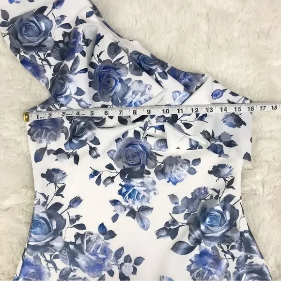ELIZA J One Shoulder Sheath Dress Size 6 Blue Floral Print Metallic Ruffle New - Picture 10 of 13